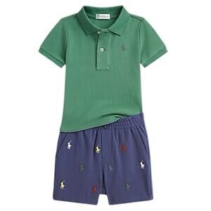New Ralph Lauren Mesh Polo Shirt & Shorts Set sz 9 m All Over Logo Shorts